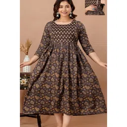 NEVISHA STYLE Cotton Woven Three Fourth Sleeves Floral Printed Maternity Kurta With Nursing Access - Brown-picture-27