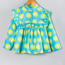 Hugsntugs Cotton Woven Full Sleeves Hearts Printed With Frill Detailed Top - Turquoise Blue-picture-18