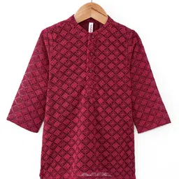 Babyhug 100% Cotton Schiffli Woven Full Sleeves Kurta & Pyjama Set With Floral Design - Maroon image 2