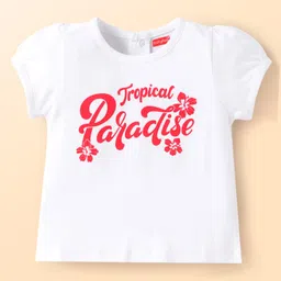 Babyhug Single Jersey Knit Floral Printed Dungaree with Half Sleeves Text Printed Top Set - White & Red image 2