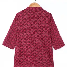 Babyhug 100% Cotton Schiffli Woven Full Sleeves Kurta & Pyjama Set With Floral Design - Maroon image 3