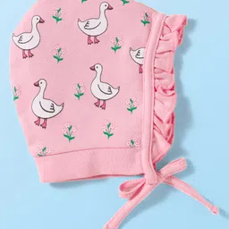 Babyhug 100% Cotton Knit Bonnet Cap with Duck & Floral Print Pack of 2 Pink & White - 11 cm Diameter image 3