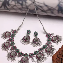 KARATCART Silver-Plated Oxidised Stone-Studded & Pearls Beaded Jewellery Set image 1