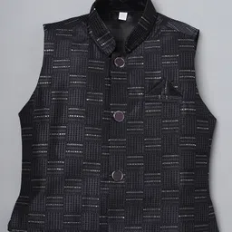 Ridokidz Full Sleeves Solid Kurta & Pyjama With Abstract Embroidered Jacket Set - Navy Blue image 4