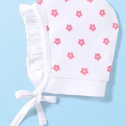 Babyhug 100% Cotton Knit Bonnet Cap with Duck & Floral Print Pack of 2 Pink & White - 11 cm Diameter image 4