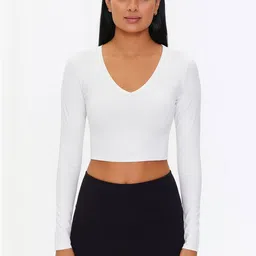 PUERY Women Solid V-Neck Long Sleeve Cotton Fitted Crop Top-picture-28