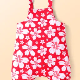 Babyhug Single Jersey Knit Floral Printed Dungaree with Half Sleeves Text Printed Top Set - White & Red image 5