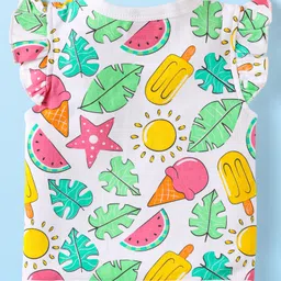 Babyhug 100% Interlock Knit Front Open Frill Sleeves Vests With Tropical Theme Pack Of 3 - Pink White & Yellow image 5