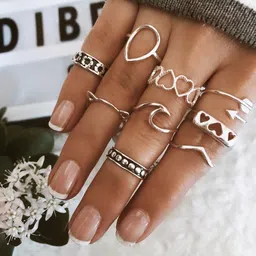 Arzonai Women Set of 9 Silver Alloy Metal Rings-image-3