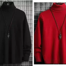 tee tree Men Striped High Neck Black, Red Sweater image 1