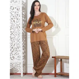 Kanvin Womens Mustard Animal Print Full Sleeve T-Shirt with Pyjama (Set of 2)-picture-18