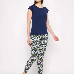 Clovia Blue Cotton Printed T-Shirt Pyjamas Set image 4