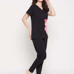 Clovia Black Cotton Printed Top Pyjamas Set image 4