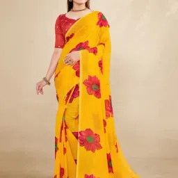 Satrani Yellow Floral Print Saree With Unstitched Blouse-picture-10