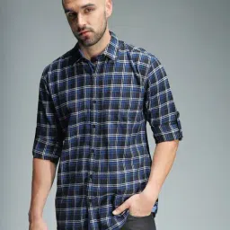 High Star Blue Cotton Regular Fit Checks Shirt-picture-23