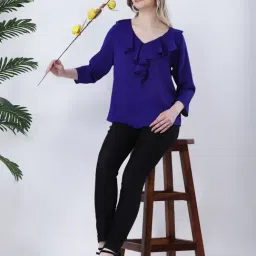 Qurvii Blue Plain Ruffle Neck Top image 5