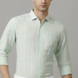 Linen Club Green Linen Contemporary Fit Striped Shirt image 4