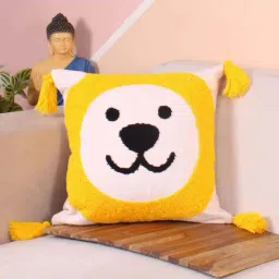 STITCHNEST Yellow Polycotton Hand Crafted Embroidered Bohemian Lion Cushion Cover-image-28