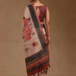 Soch Beige Linen Floral Print Saree With Unstitched Blouse image 3