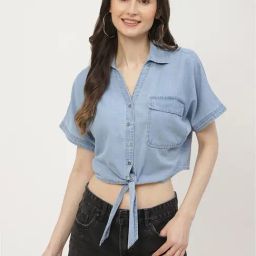 MADAME Light Blue Cotton Regular Fit Crop Shirt-picture-6