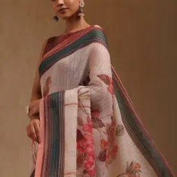Soch Beige Linen Floral Print Saree With Unstitched Blouse image 4