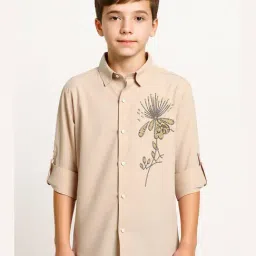 Charchit Boys Cream Cotton Embroidered Comfort Fit Shirt-picture-38