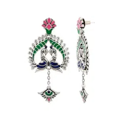 Voylla Silver Madhubani Peacock Pratha Oxidised Enamel Drop Earrings-image-15