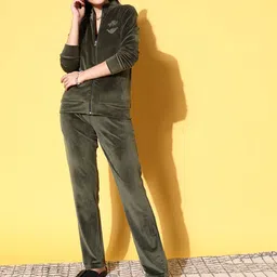Sweet Dreams Women Deep Olive Solid Sweatshirt with  Track Pants image 2
