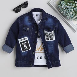 Ministitch Full Sleeves Patch Detailed Denim Jacket With Text Printed Tee - Navy Blue-picture-16