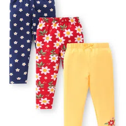 Babyhug Cotton Lycra Knit Full Length Leggings Floral Print Pack of 3- Blue Red & Yellow-picture-28