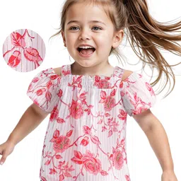 Babyhug Rayon Woven Off Shoulder Sleeves Floral Printed Top with Smocking Detailing - White-picture-10