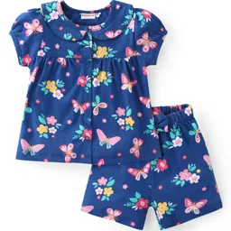 Babyhug Cotton Knit Half Sleeves Peter Pan Collar Neck Top & Shorts Nightwear Set Floral Print - Blue-picture-38