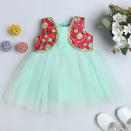 Many frocks & Sleeveless Solid Net Dress With Floral Embroidered Attached Shrug - Green-picture-32