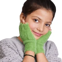 BHARATASYA Woollen Blend Fur Detailed Half Finger Gloves - Green-picture-40
