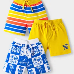 Babyhug Cotton Knit Mid Thigh Length Shorts with Beach Theme Print & Stripes Pack of 3 - Yellow & Blue-picture-18