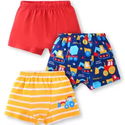 Babyhug Single Jersey Knit Trunks With Striped & Vehicle Print Pack Of 3 - Yellow Blue & Red-picture-28