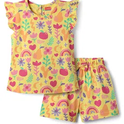 Babyhug Cotton Knit Frill Sleeves Shorts Night Suit With Floral Print - Yellow-picture-27