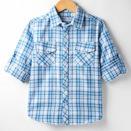 kookie kids india Kookie Kids Cotton Woven Full Sleeves Checkered Shirt with Flap Pocket - Light Blue-picture-18