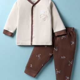 Zero Interlock Knit Full Sleeves Front Open Deer Printed Night Suit - Brown & Cream-picture-2