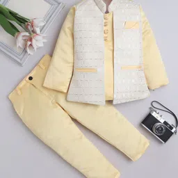 Fourfolds Satin Woven Full Sleeves Floral Embroidered & Sequins Embellished Jodhpuri Blazer & Trousers Set - Yellow-picture-14