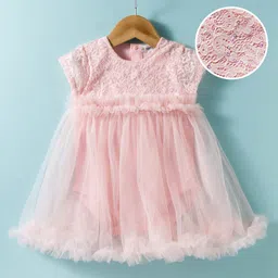 Mark & Mia Woven Half Sleeves Frock Style Party Onesie with Embroidery & Frill Detailing - Pink-picture-11