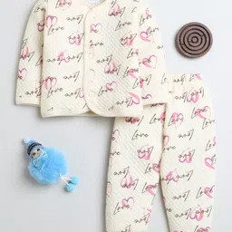 BUMZEE Knit Full Sleeves Winter Wear T-Shirt & Lounge Pant Set With Text Print - Cream-picture-25