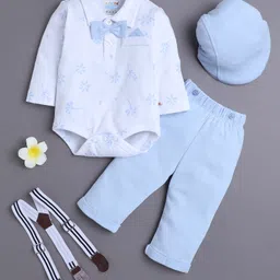 BUMZEE Cotton Knit Full Sleeves Floral Printed & Attached Bow Onesie Pant Set With Suspender & Cap - Powder Blue & White-image-99