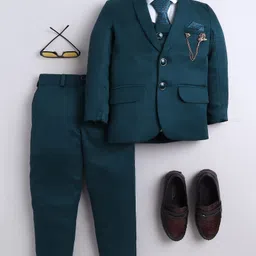 BT DEZINES Cotton Blend Woven Full Sleeves Solid 4 Piece Party Suit With Tie Set - Navy Blue-picture-35