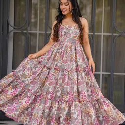 Pantos Women Floral Printed Tiered Shoulder Straps Fit & Flare Maxi Dress-image-44