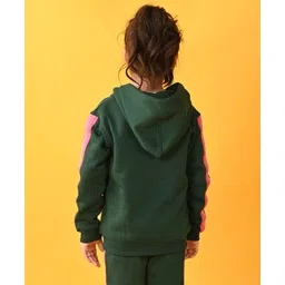 Anthrilo Full Sleeves Shimmer Heart Embellished Glitter Tape Detailed Zipper Hoodie - Green image 3