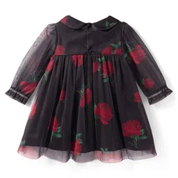 ToffyHouse Knit Full Sleeves Party Frock With Floral Print - Black image 2