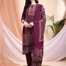 KALINI Paisley Printed Round Neck Pure Silk Straight Kurta With Trousers & Dupatta-image-17