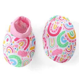 Babyhug 100% Cotton Interlock Knit Cap Mitten & Booties with Rainbow  Print & Bow Applique -Pink image 5