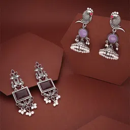DIVASTRI Set Of 2 Artificial Stones Studded Square Shaped Oxidised Drop Earrings-image-80